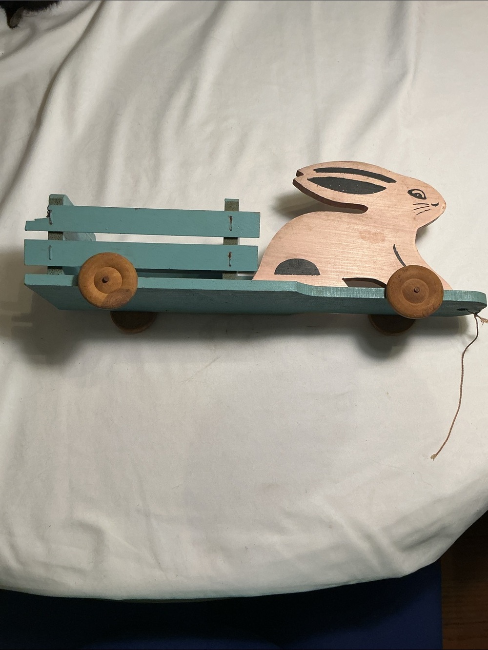 Antique Unique Rare 1900’s Pink Bunny Pull Toy w/ Teal Wagon over 125 years old